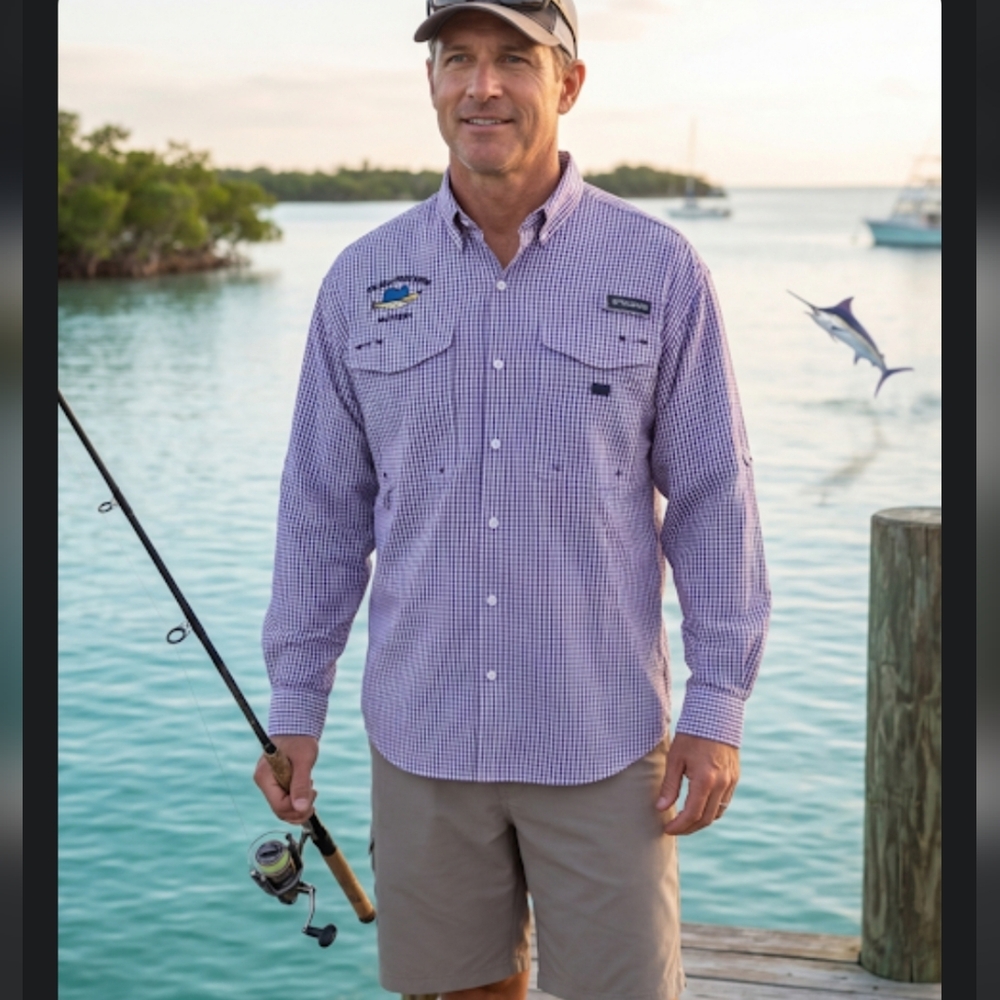 COLUMBIA SHIRT M OMIN SHADE  POCKETS STRIPE PURPLE/WHITE LONG SLEEVE VENT